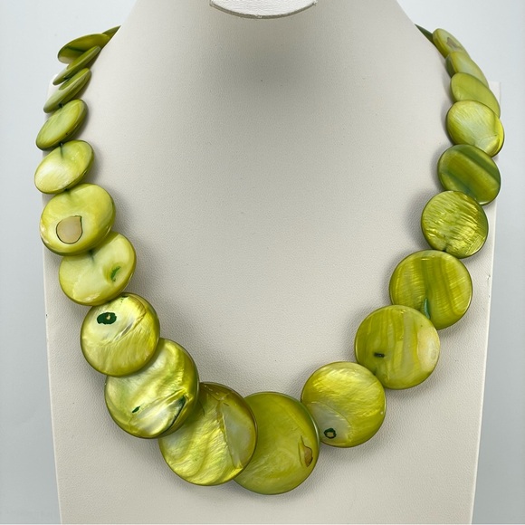 Unsigned Jewelry - Beautiful Green Mother of Pearl Disc Necklace – Statement Shell Bead Jewelry
